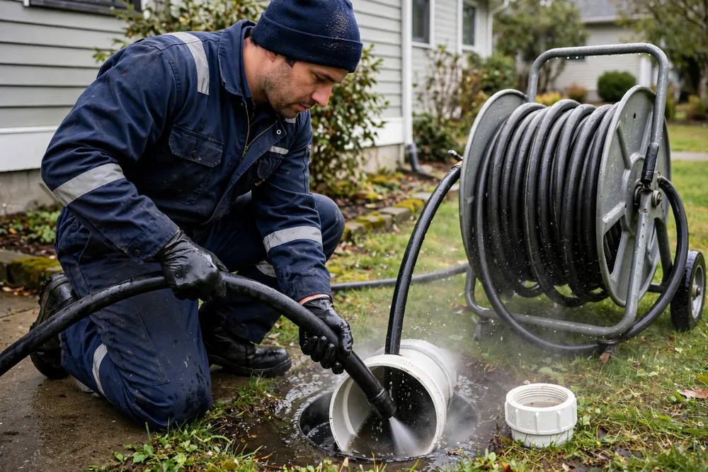 Hydro-jetting clearing roots from a sewer line near Elkton